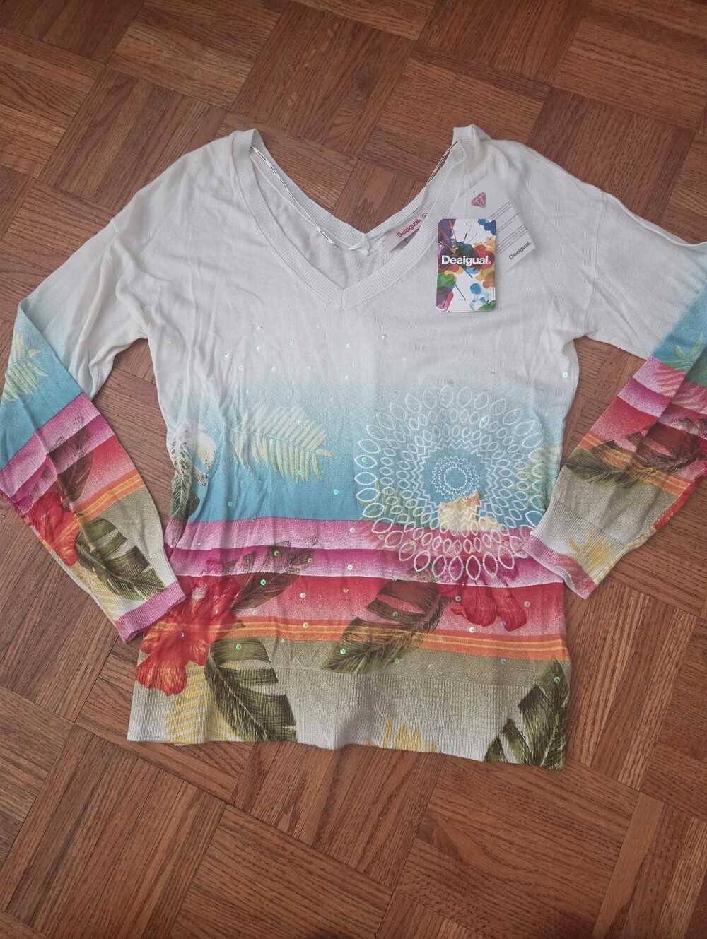 Desigual Multicolor Floral Stripe Long Sleeve V-Neck Top